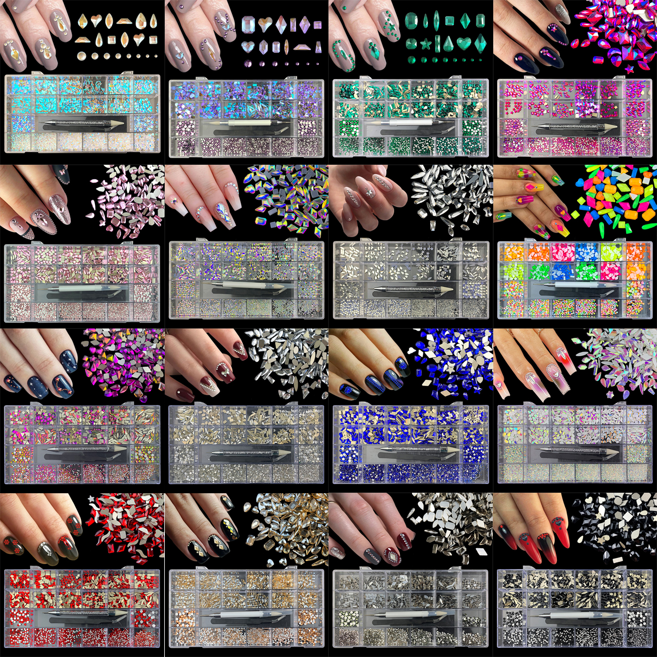 2500pcs  Crystal Nail Art Rhinestones Kit Multi Size Glass Gem Stones Set 3D Charm Jewels Decorations With Box Pick Up Pen