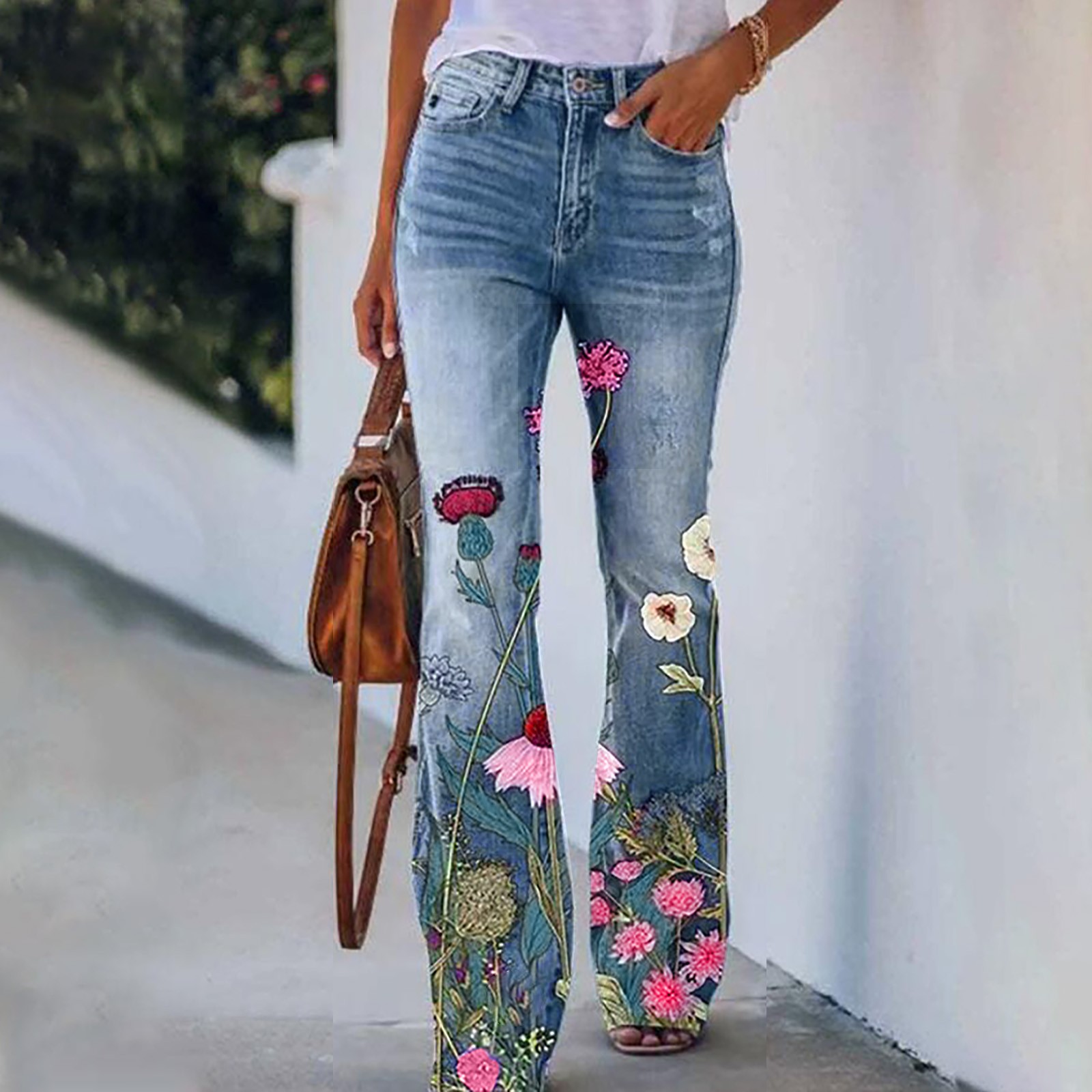 Women Jeans Pants High Waist Flower Printed Denim Women Flare Pants Elastic Female Jeans Pantalon Femme Plus Size Clothing