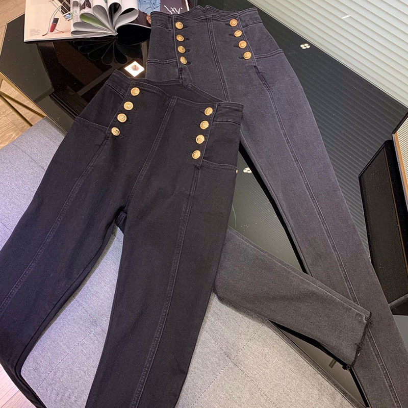 22 High Street Elasticity High Waist Buttons Jeans Women Luxurious Double Breasted Grey Denim Trousers Tight Pockets Black Jeans