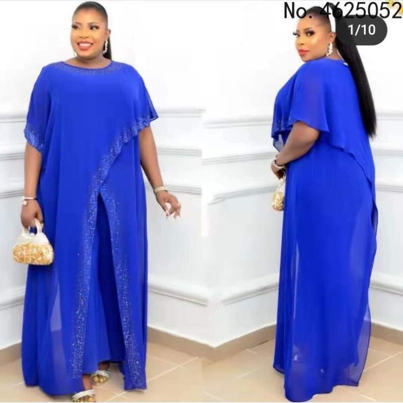African Dress Clothes Women 2 Piece Set Long Tops Robes And Pant Suit Summer Diamond Streetwear Chiffon Africa Clothing Set