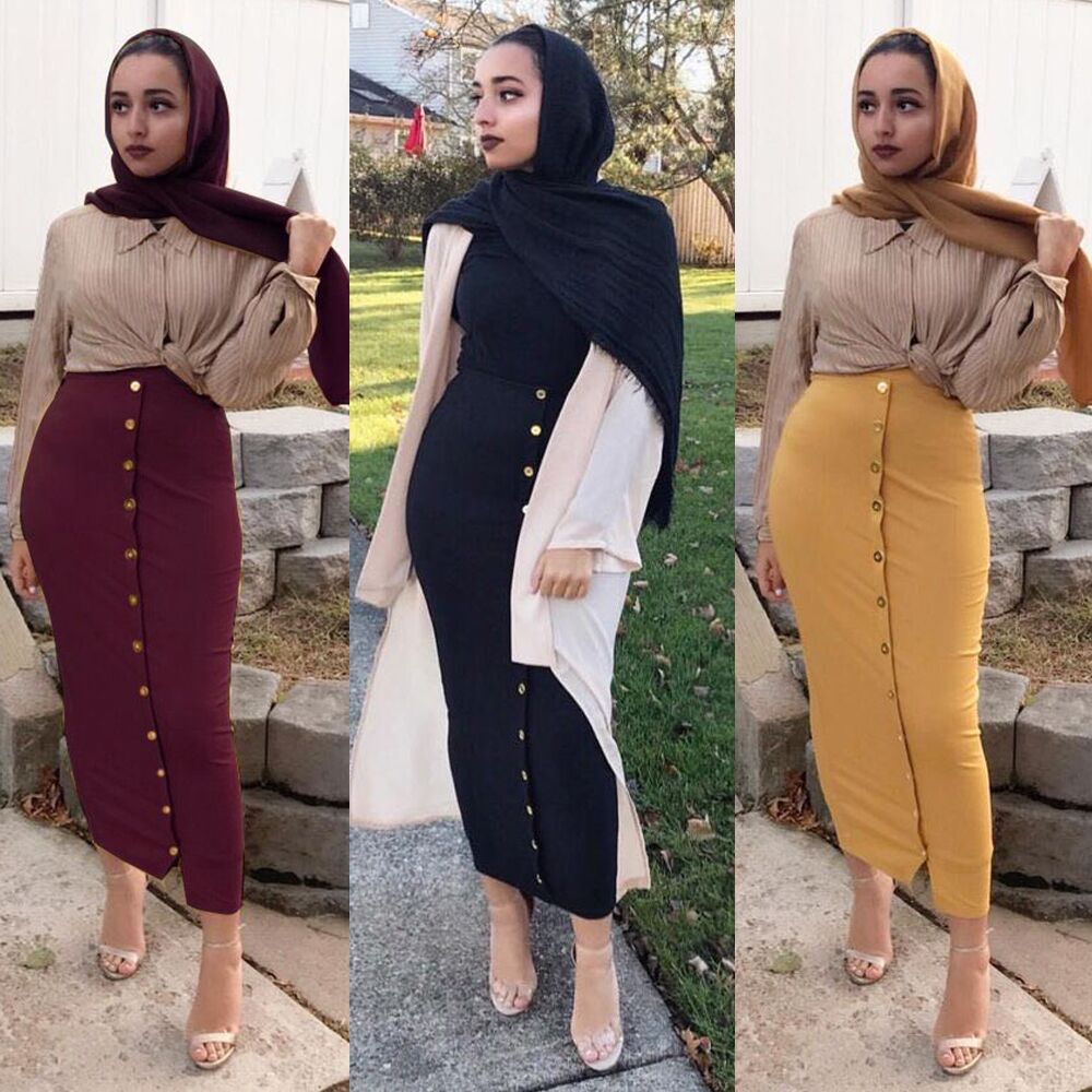 Muslim Denim Long Skirts for Women Pencil Dubai Muslim Button High Waist Bodycon Middle East Turkish Abaya Islamic Skirt Outwear
