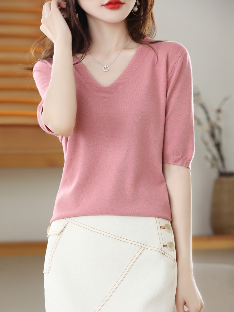 Slim V-Neck Knitted Sweater Tops Women's Summer All-Match Bottoming Shirts With T-Shirts Short Sleeves Large Size