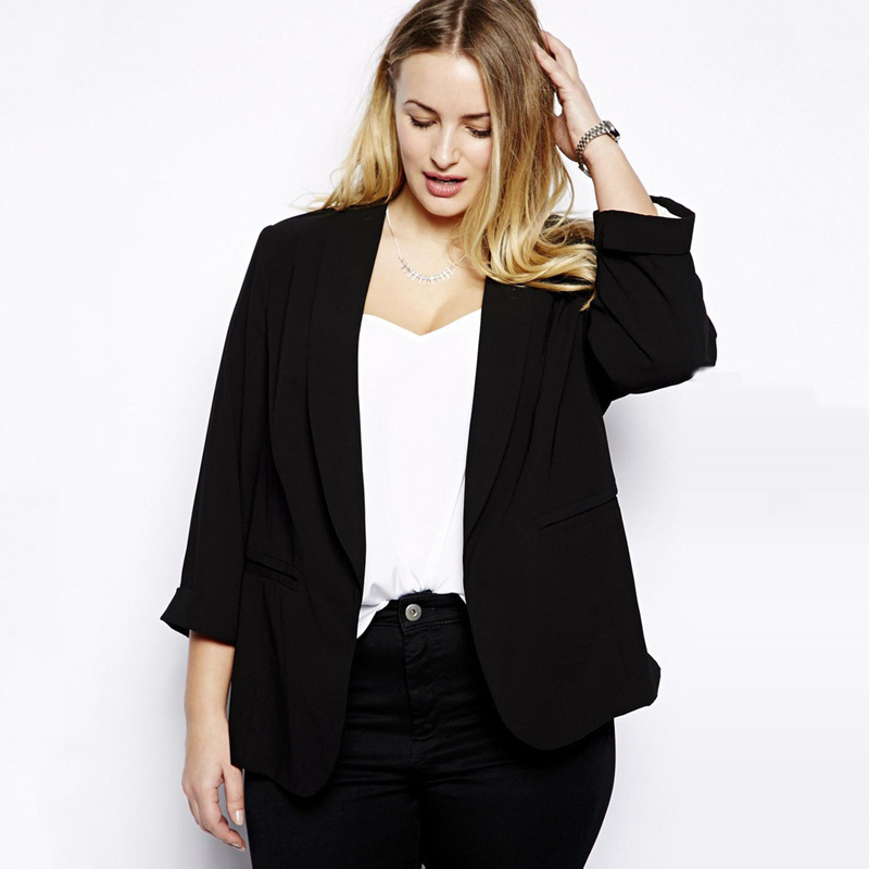 Plus Size Shawl Collar Casual Blazer Women Long Rolling Sleeve Pocket Solid Black Spring Autumn Elegant  Coat Jacket 7XL