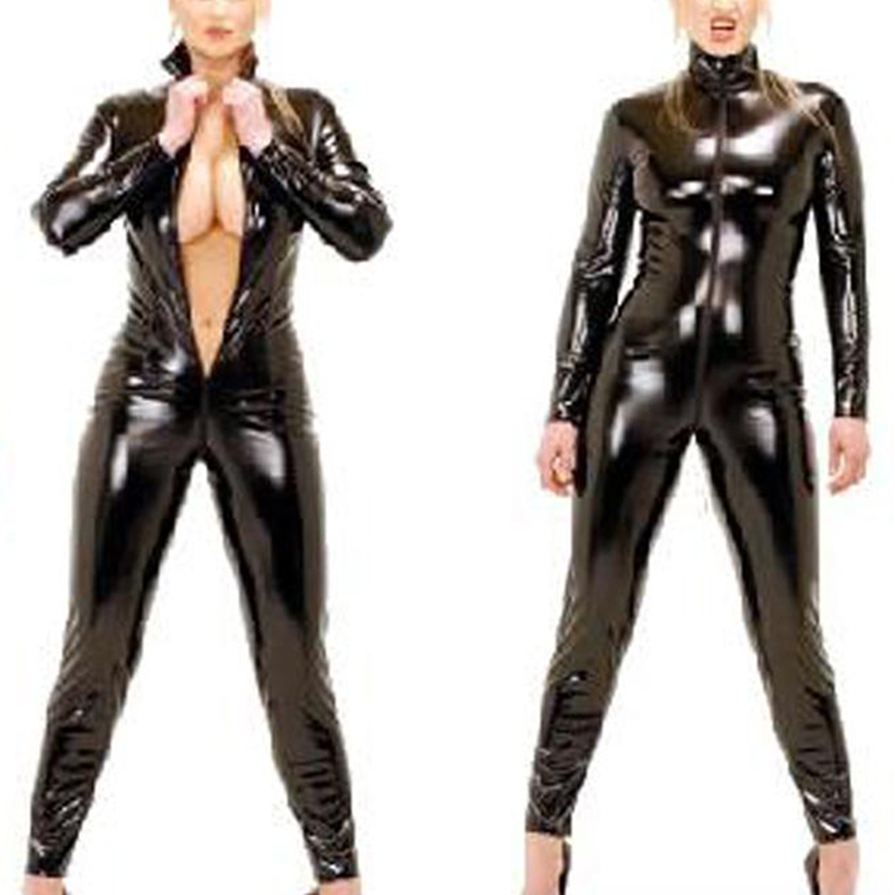 Long Sleeve Wetlook Faux Leather Jumpsuit Open Crotch Zipper PVC Catsuit Latex Fetish Wear Catwomen Halloween Costume