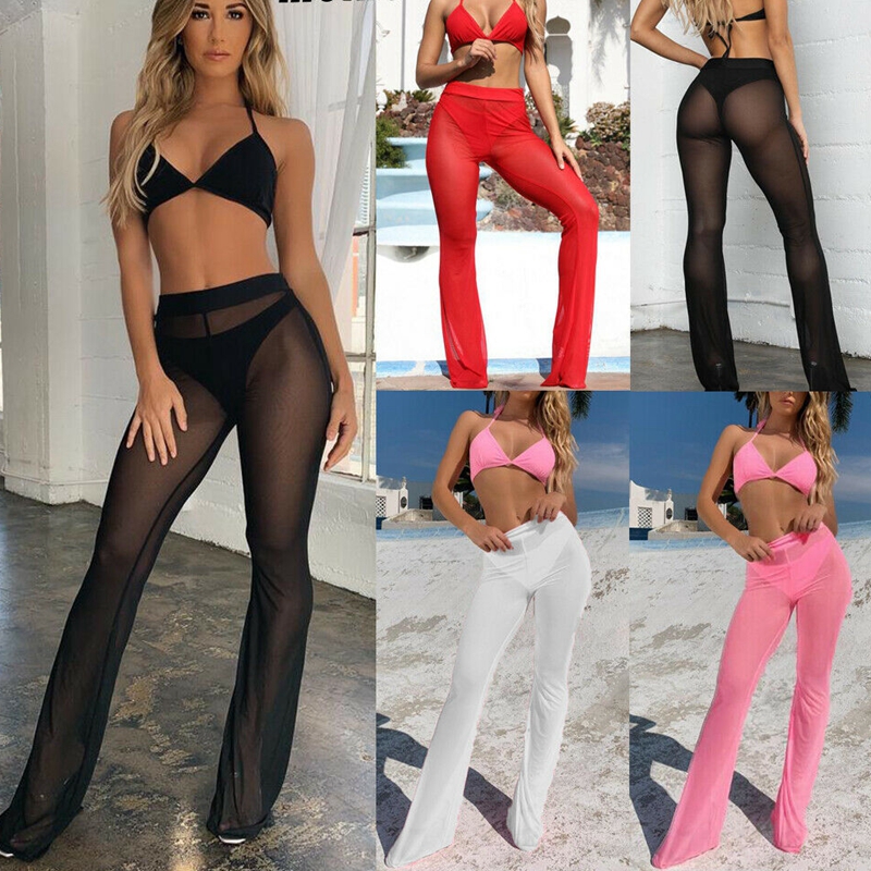 Sexy Women Beach See-through Mesh High Waist Elastic Sheer Wide Leg Pants Trousers Bikini Cover Up S-XL