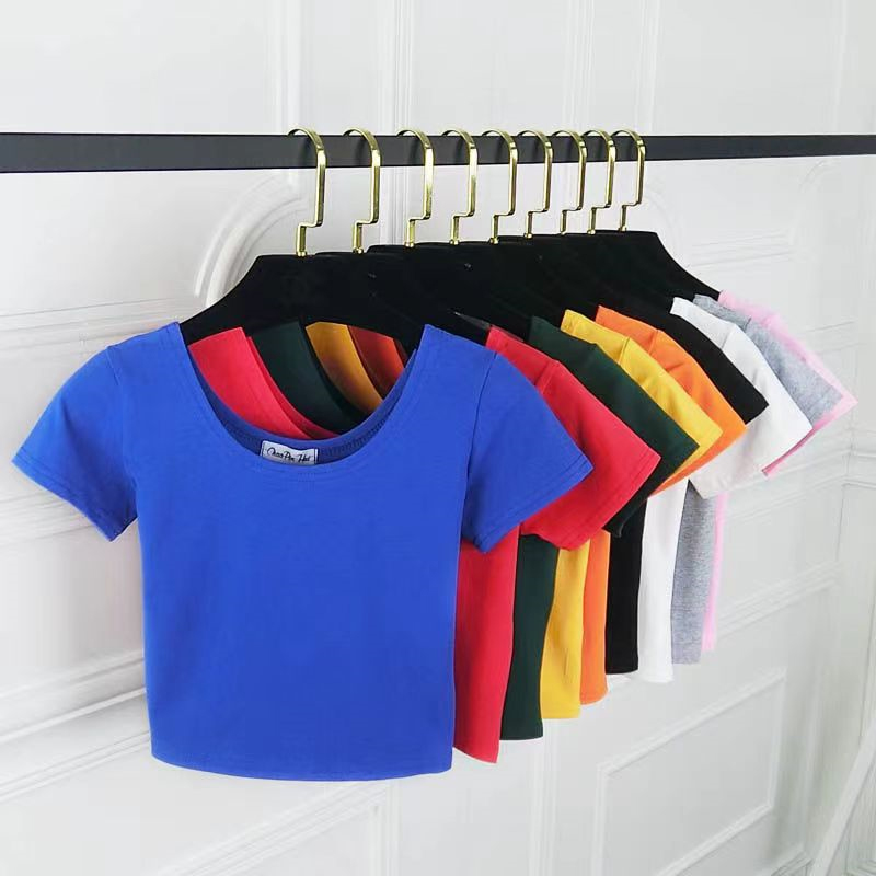 11 Solid Colors Cotton Top Women Summer T-shirt Slim High Waist Short Sleeve Ladies Leak Umbilical Tee Stretch Basic Crop Top