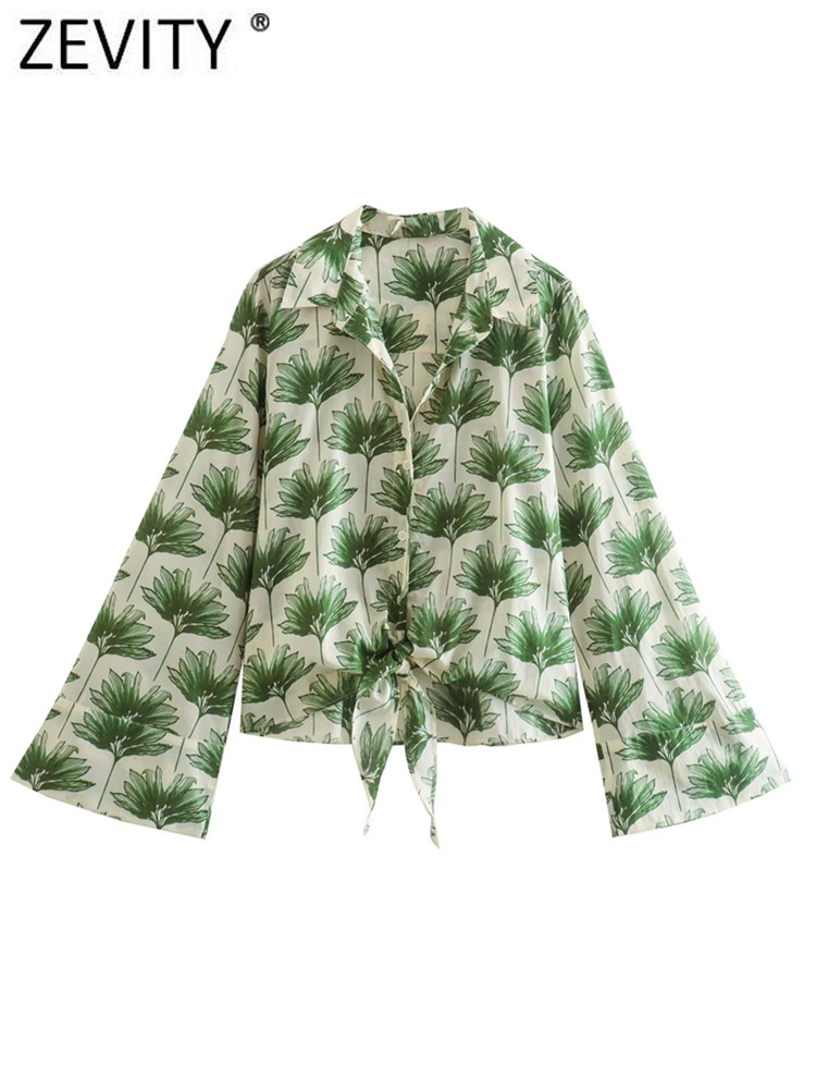 Zevity Women Vintage Green Leaves Floral Print Hem Knotted Smock Blouse Female Breasted Shirt Chic Chemise Blusas Tops LS2016