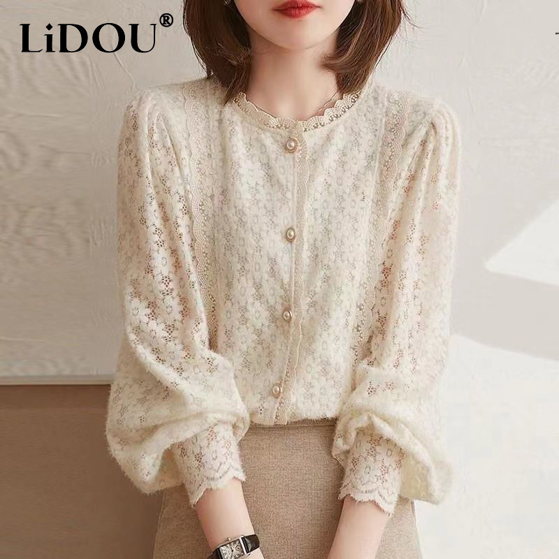 Spring Autumn Solid Flower Elegant  Embroidery Tops Women Long Sleeve Aesthetic Lady Shirt All Match Casual Chic Pullover