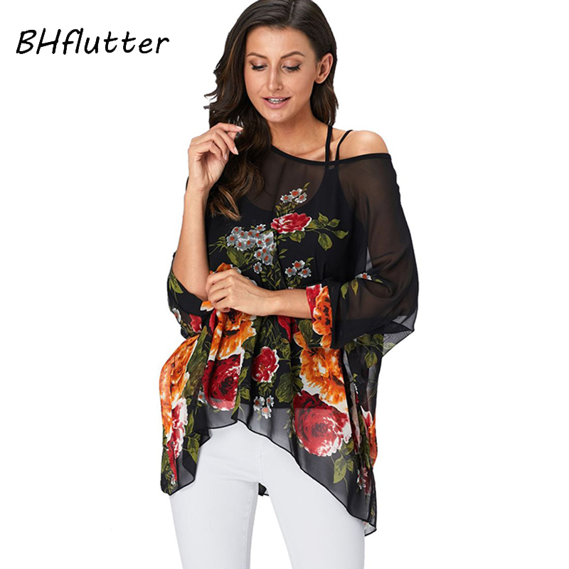 BHflutter Women Tops Tunic  Floral Print Chiffon Blouse Shirt Batwing Casual Loose Summer Shirts Plus Size Blusas