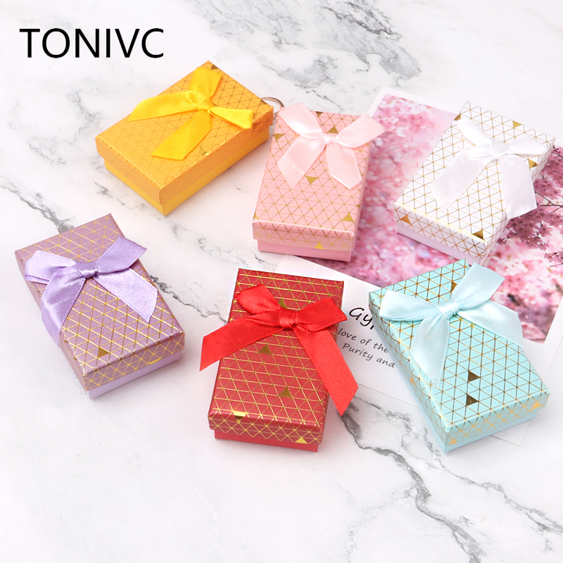 12Pcs 5X8X2.5cm Colorful Paper Jewelry Box Ribbon Wedding Earrings Ring Box Jewelry Set Party Storage Packaging Gift Box