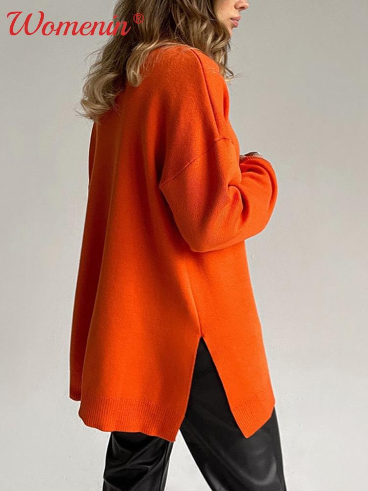 Knitted Loose Split Women's Turtleneck Sweater Green Long Sleeve Warm Casual Pullover  Autumn Winter  Female Sweaters