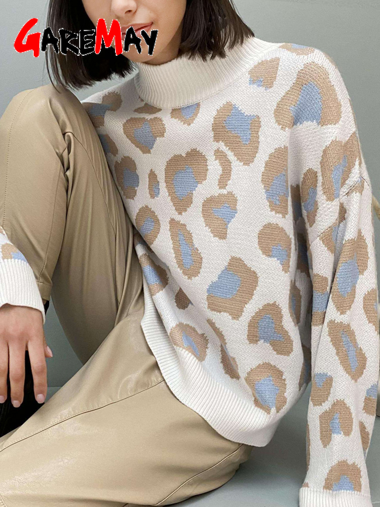 Winter Women's Sweater  Leopard Print Animal Basic White Turtleneck Oversize Jumper Vintage Warm Knitted Sweaters for Women