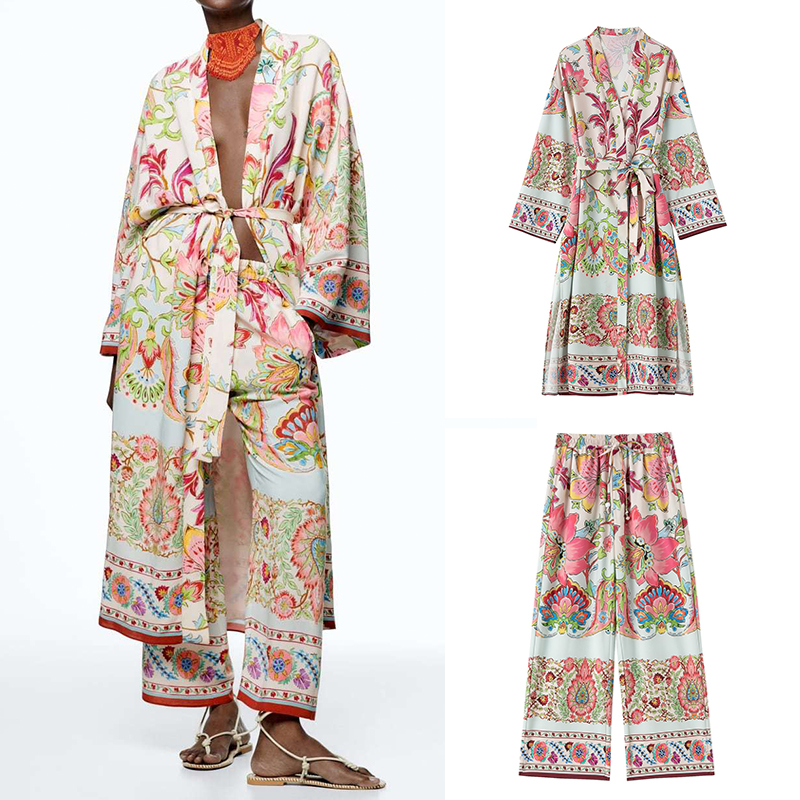 Autumn  Women Print Long Kimono Outerwear With Belt And Elastic Waist Wide Leg Pants Female  Collection Sets