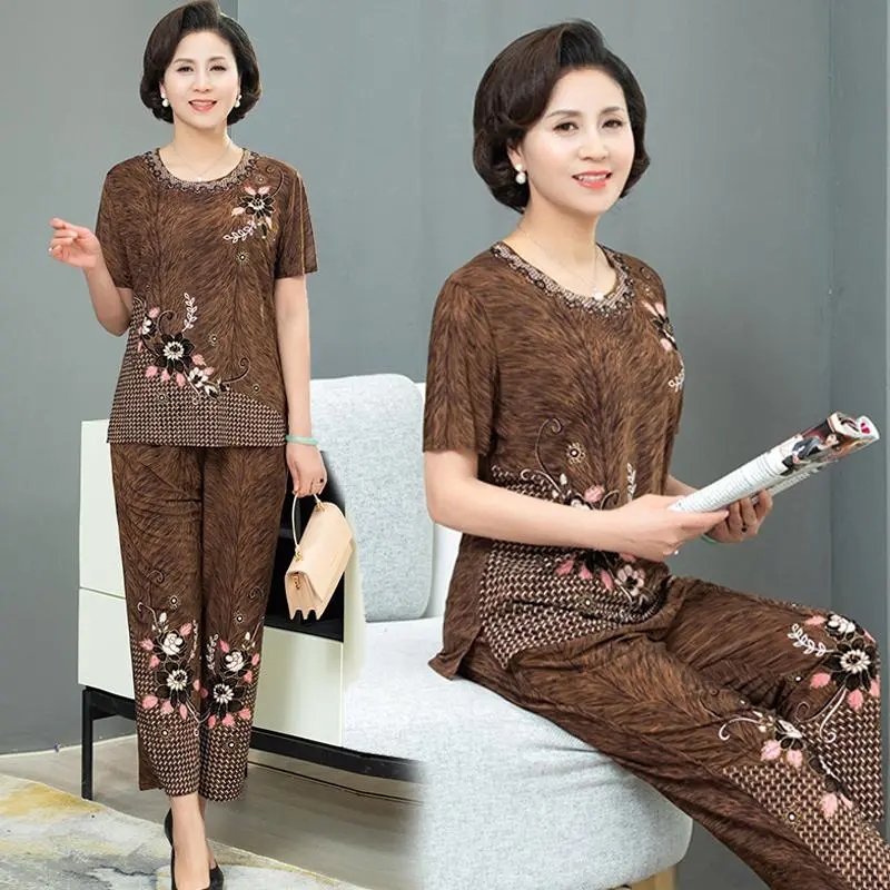 Set Middle-Aged Elderly Mothers Two-Piece Top + Pants Women's Summer Clothes Small Shirt Grandma Loose Female Old Lady Suit