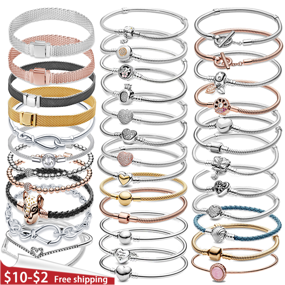  Charms 925 Sterling Solid Silver Bracelet Heart Original Chain Sparkling Blue Disc Clasp Snake Chain Bracelet Women Jewelry