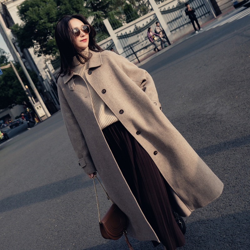 Single Breasted Turn-down Collar Coat And Jacket England Style Sashes Women Long Cashmer Coat Loose Solid Women's Woolen Jacket