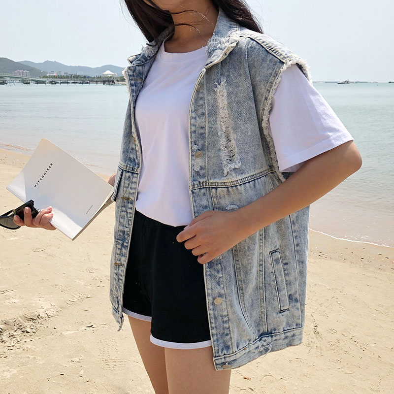 Women Denim Vest Coat Free Size Open Stitch Hole Vintage Sleeveless Vest Jacket Women Vests Denim Cotton Waist Coat Clothing
