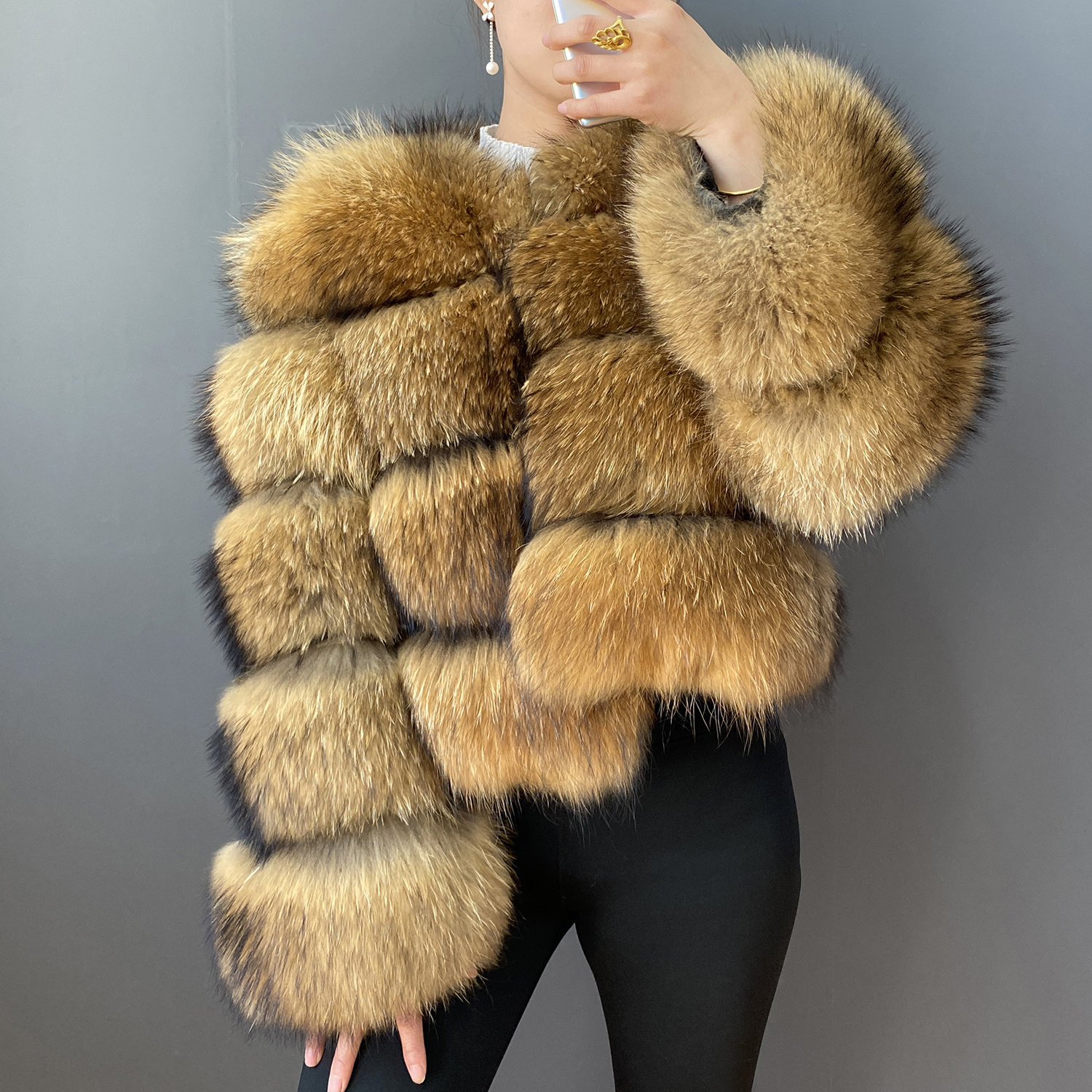  Real Fur Coat  Real Natural Raccoon Fur Coat Women High- Fur Jacket  Female Fur Coats Leather Coat 
