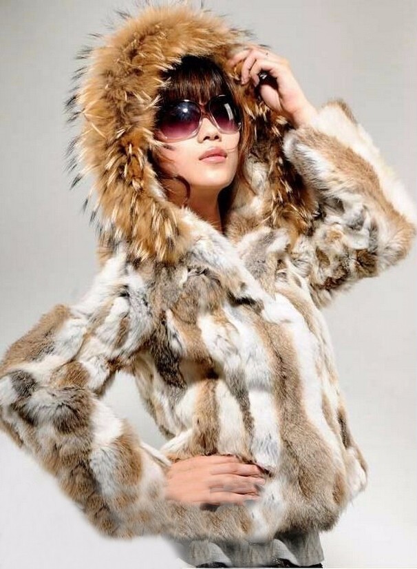 women's Real genuine natural rabbit fur coat with raccoon fur hood lady  jacket outwear custom any size Free shipping