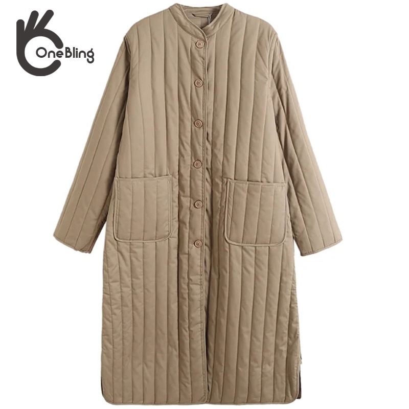 OneBling    Women Casual Traf Quilted Coats Winter Warm Thick Striped Padded Jacket Pockets Mid Length Loose Long Parkas