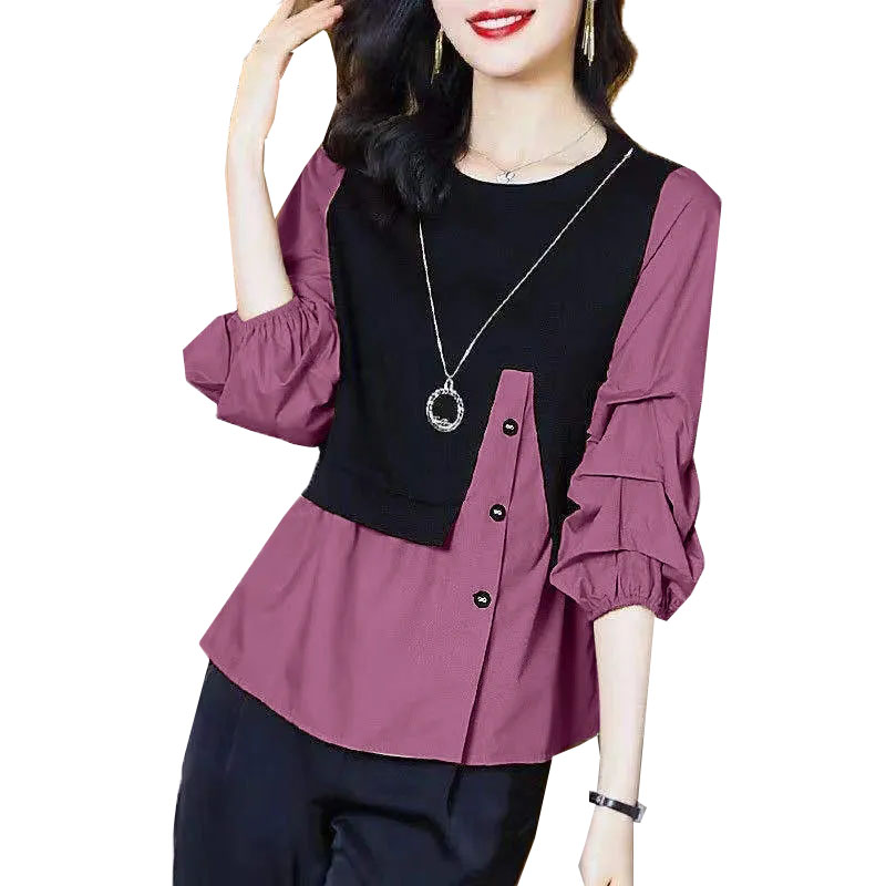 Summer Women Fake Two Shirts Splicing 3/4 Sleeve Elegant Female Pullover Slim Fit  Miss Shirt All-Match Bottoming Shirt