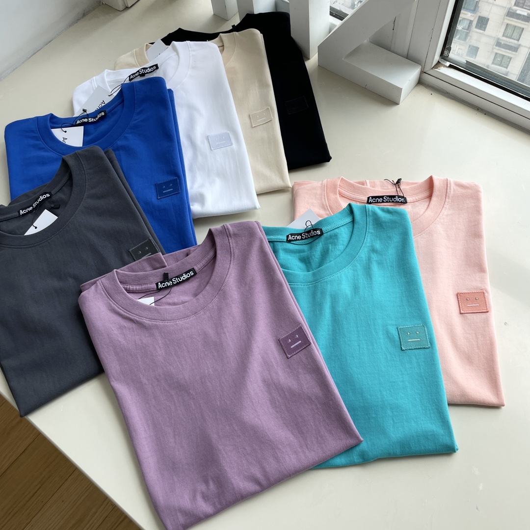 22S 8 Colors Acne Studios Solid Color Classic Smiley Logo Embroidery Round Neck Short Sleeve Men's Women's Summer T-shirts