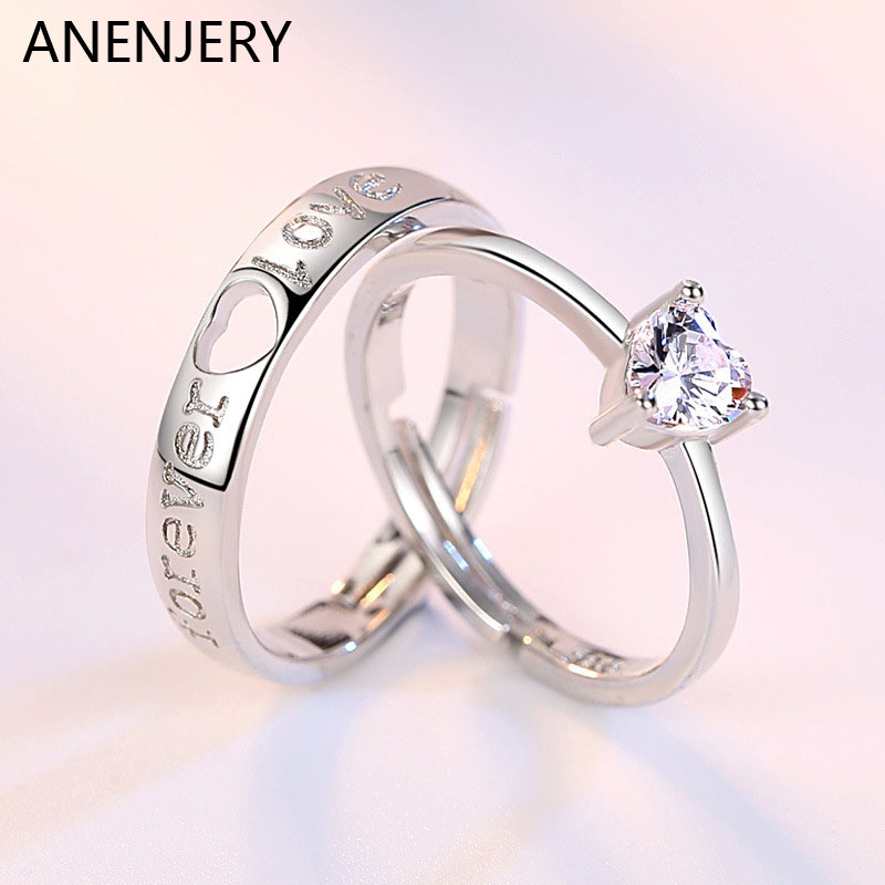 ANENJERY Silver Plated Couple Ring For Lovers Forever Endless Heart Zircon Ring Adjustable Open Ring Wedding Engagement Jewelry