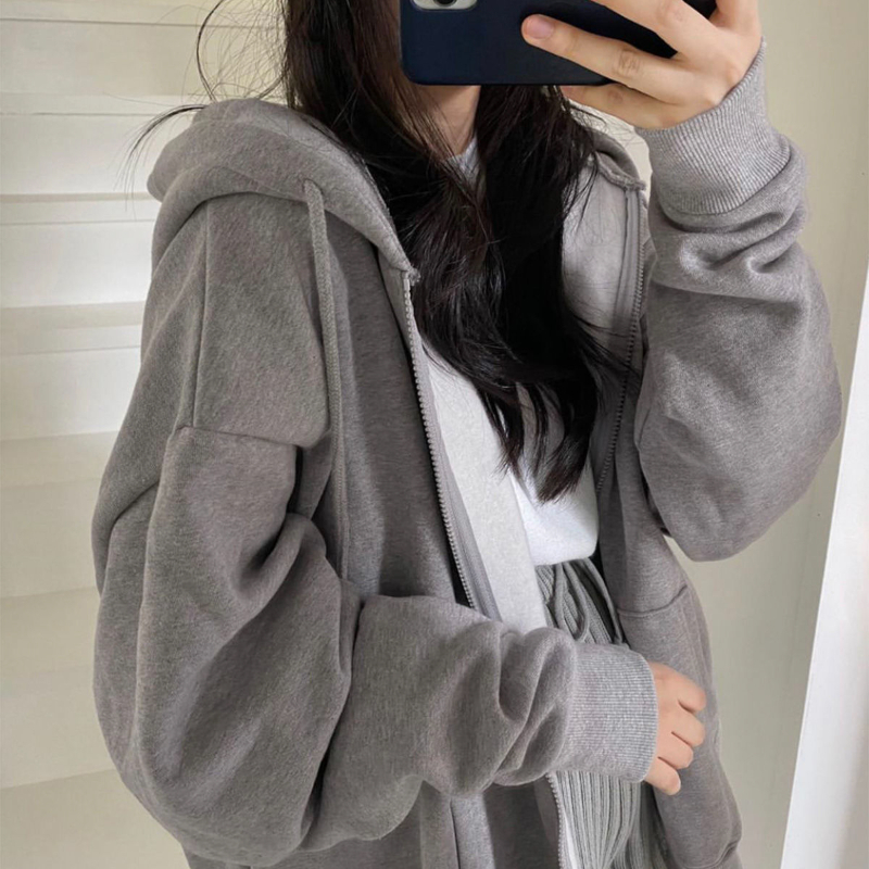 Harajuku Zip Up Hooded Sweatshirt Women  Version Long Sleeve Loose Jacket Coats Female Retro Casual Solid Oversized Hoodie