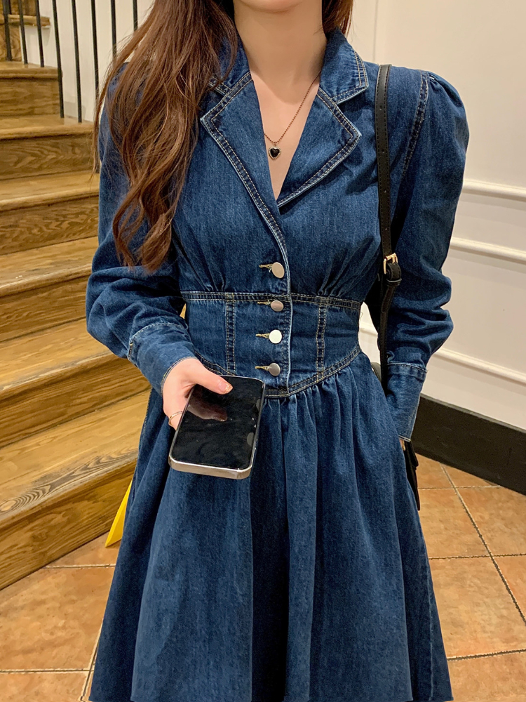 Women's Spring Autumn Casual Midi Denim Shirt Dress Long Sleeve Elegant A-Line Party Jeans Vestido Female   Clothes