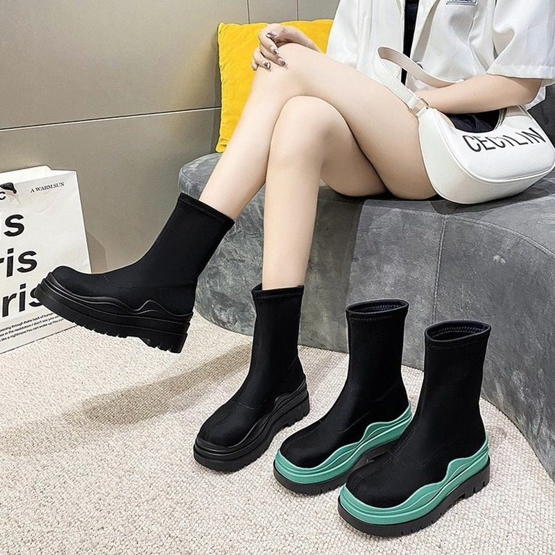 Thick Sole Chelsea Short Boots Net Red Cigarette Boots Women's  Spring and Autumn All-match  Single Boots Women