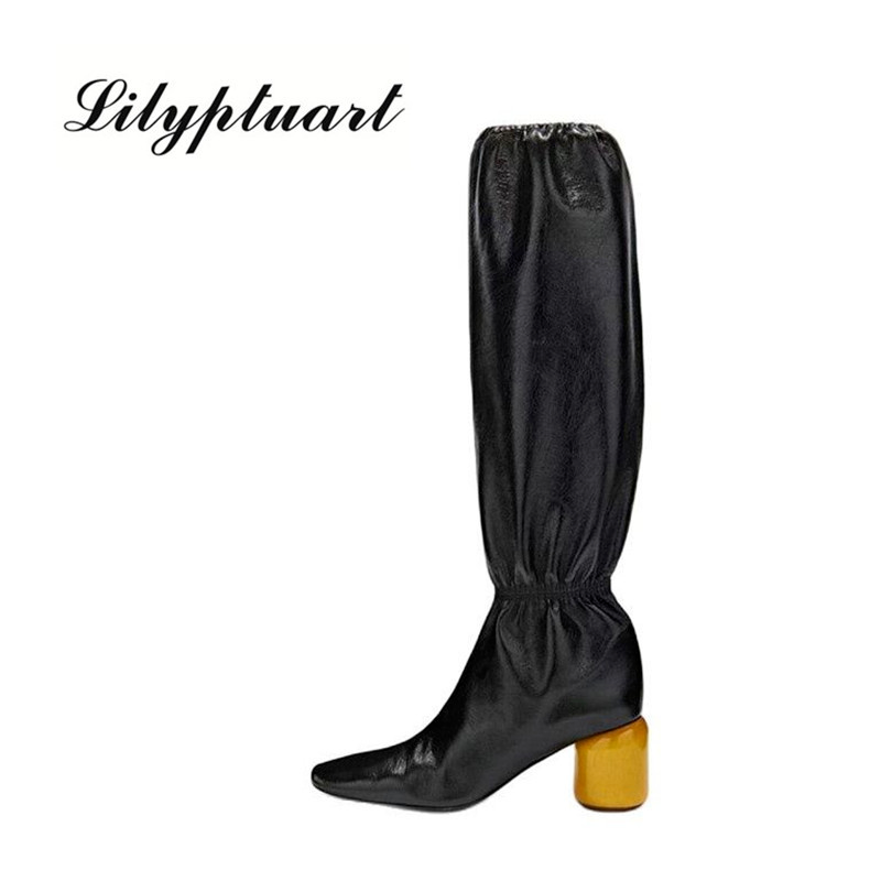    Women  Knee Tall Boots Round Heel Banquet Winter Tall Boots High Heels Size 43 Women Shoes