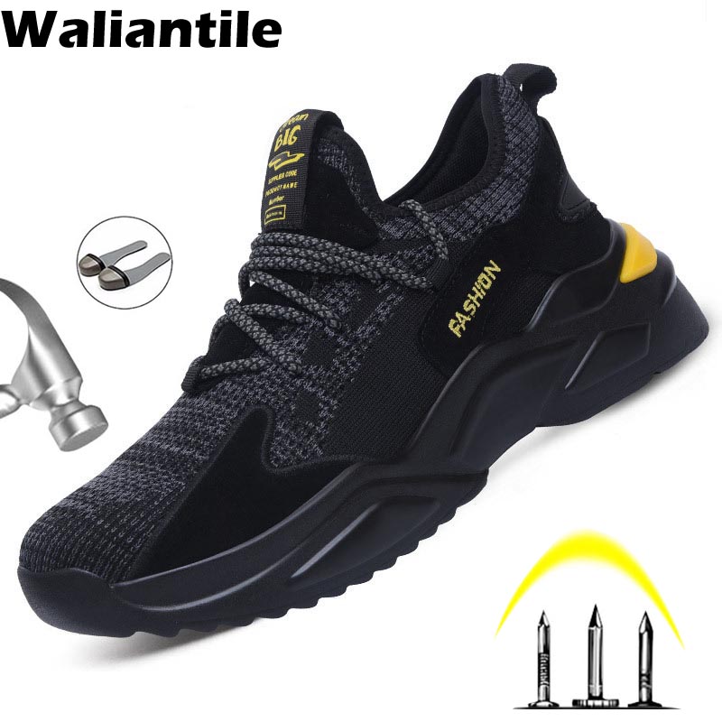 Waliantile Breathable Men Work Safety Shoes Steel Toe Anti-smashing Indestructible Working Boots Puncture Proof Male Sneakers