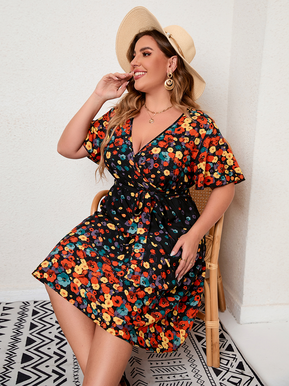 4XL 5XL Plus Size Summer Dress Woman   V Neck Short Sleeve Floral Print Short Mini Dress High Waist Beach Dresses