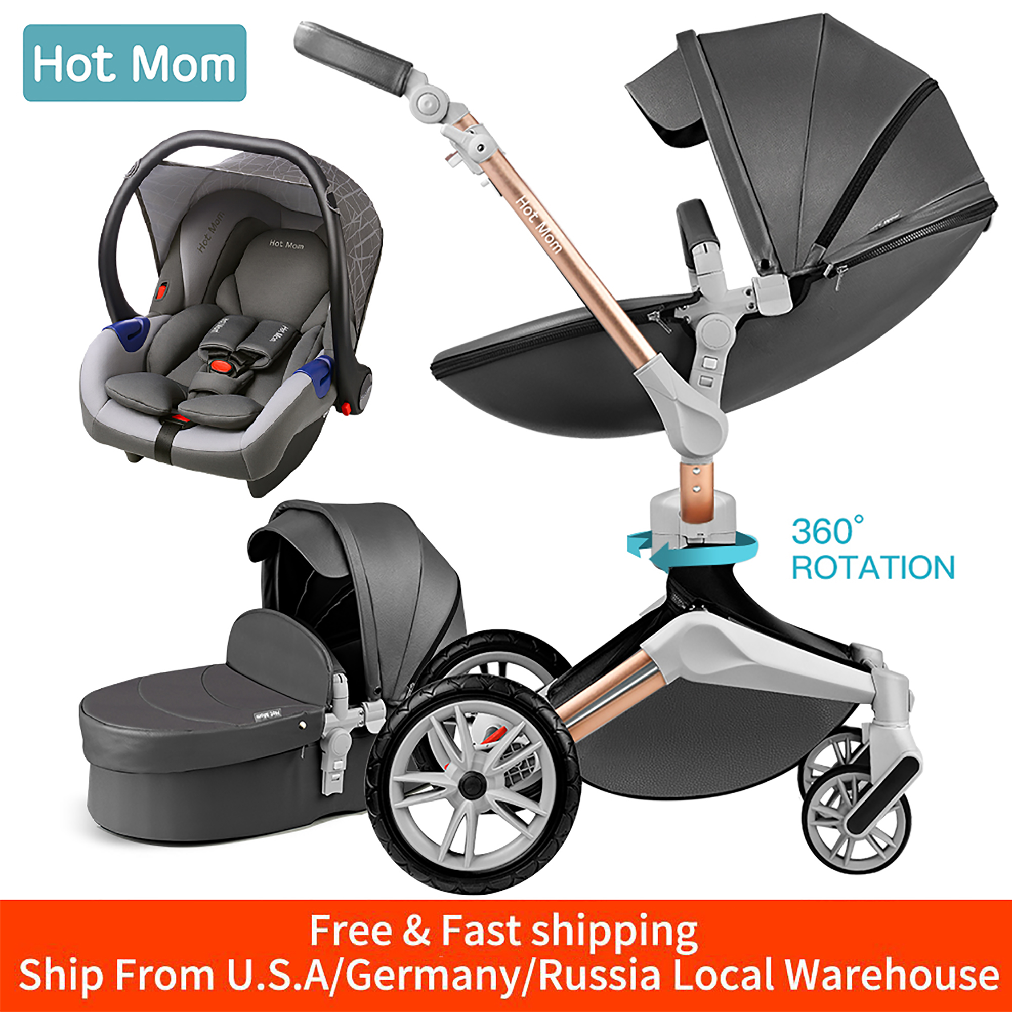 Mom Baby Stroller 3 in 1 travel system with bassinet and car seat，360° Rotation Function children stroller， Pram F023