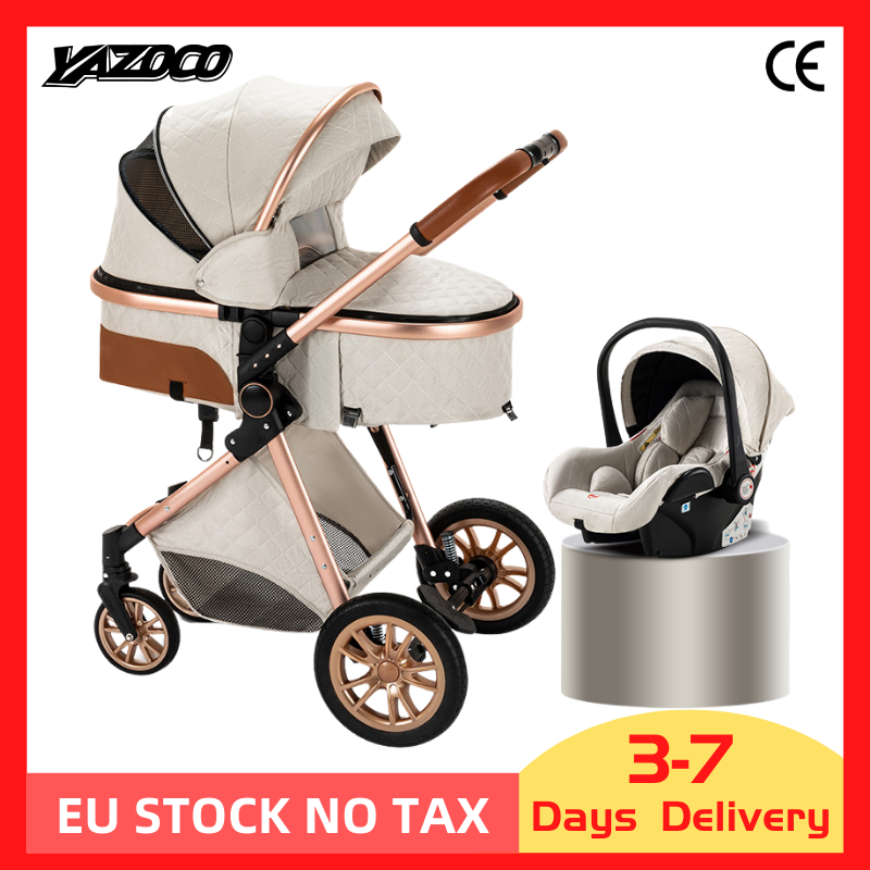 3 in 1 Baby Stroller Royal  Leather Aluminum Frame High Landscape Folding Kinderwagen Pram with Gifts Baby Carriage