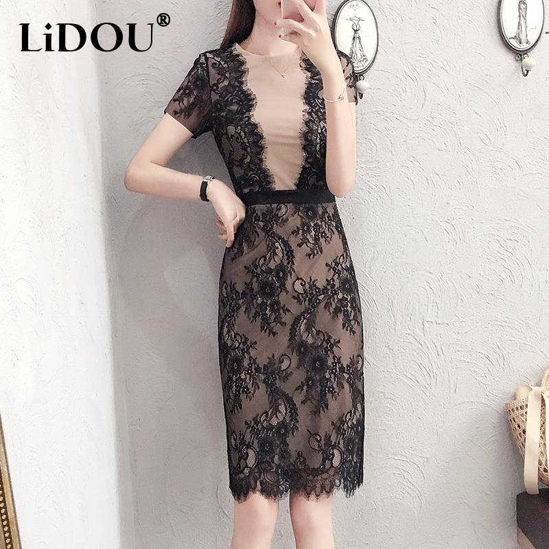 Summer Elegant  Sexy Lace Patchwork Bodycon Dresses Women Short Sleeve Evening Party Dress Vestidos De Fiesta Robe
