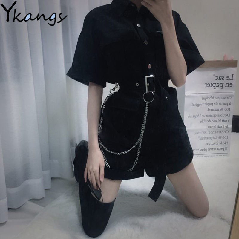 Gothic Cargo Playsuit Female Summer  Solid Black High Waist Short Sleeved Playsuit Wide Leg Suits Overalls Women Combinaison