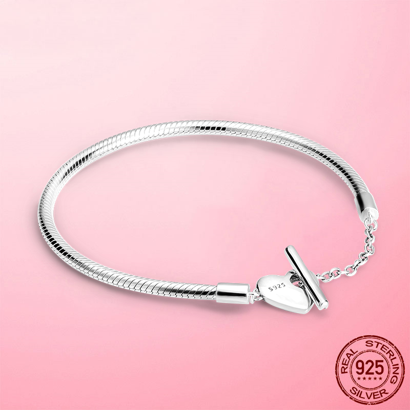 Femme Bracelet 925 Silver Moments Heart T-Bar Snake Chain Bracelet Bangle for Women Fine Women Jewelry Gift Pulseira