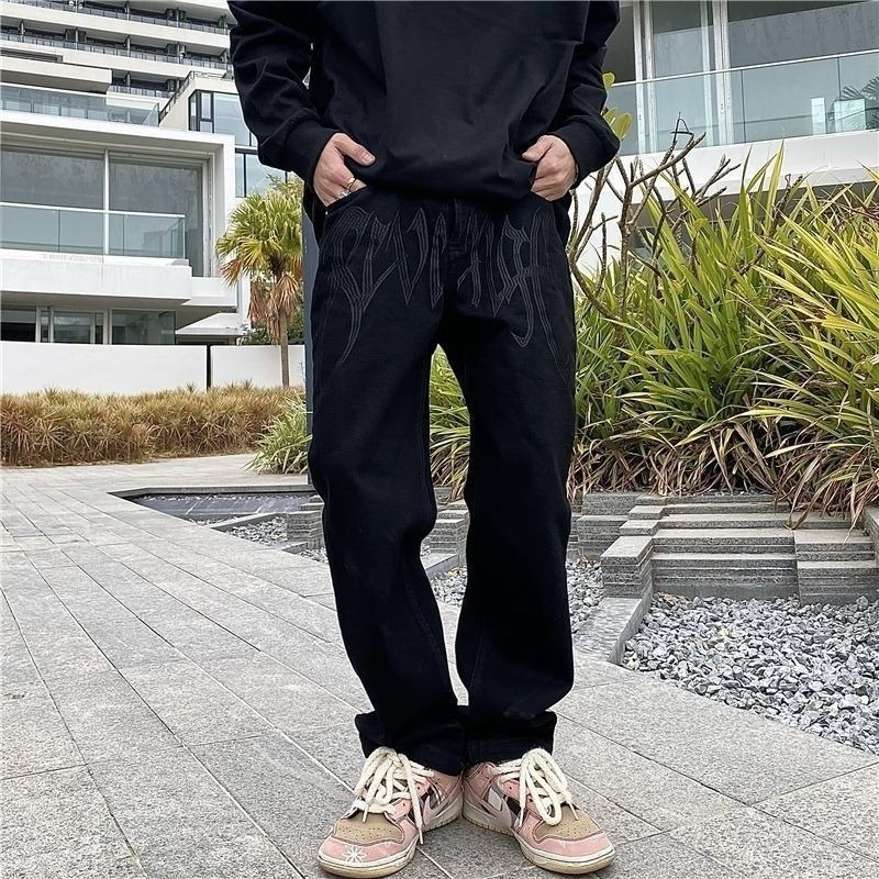 American letter embroidery straight loose jeans men Y2K street trend hip-hop retro black wide-footed oversized denim trousers