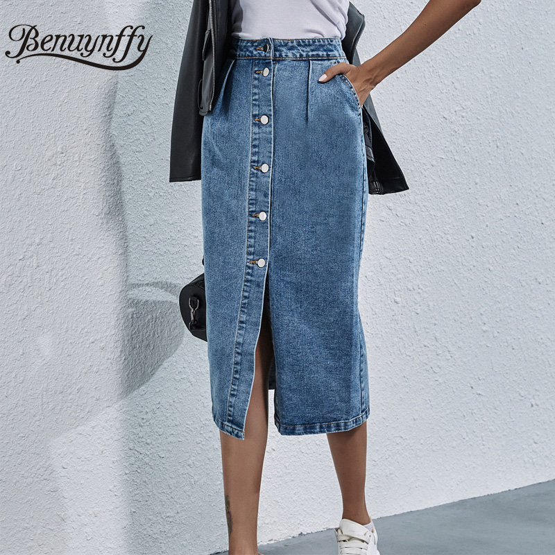 Benuynffy Single Breasted Knee Length Denim Skirt Women Streetwear Casual Pocket High Waist Straight Jeans Skirt New