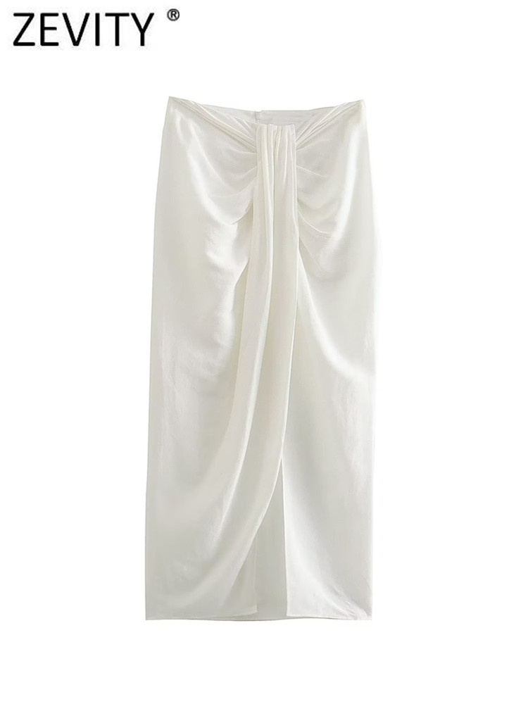 Zevity Women  Knotted Pleat Design White Sarong Midi Skirt Faldas Mujer Lady Chic Back Zipper Split Slim Vestidos QUN1964