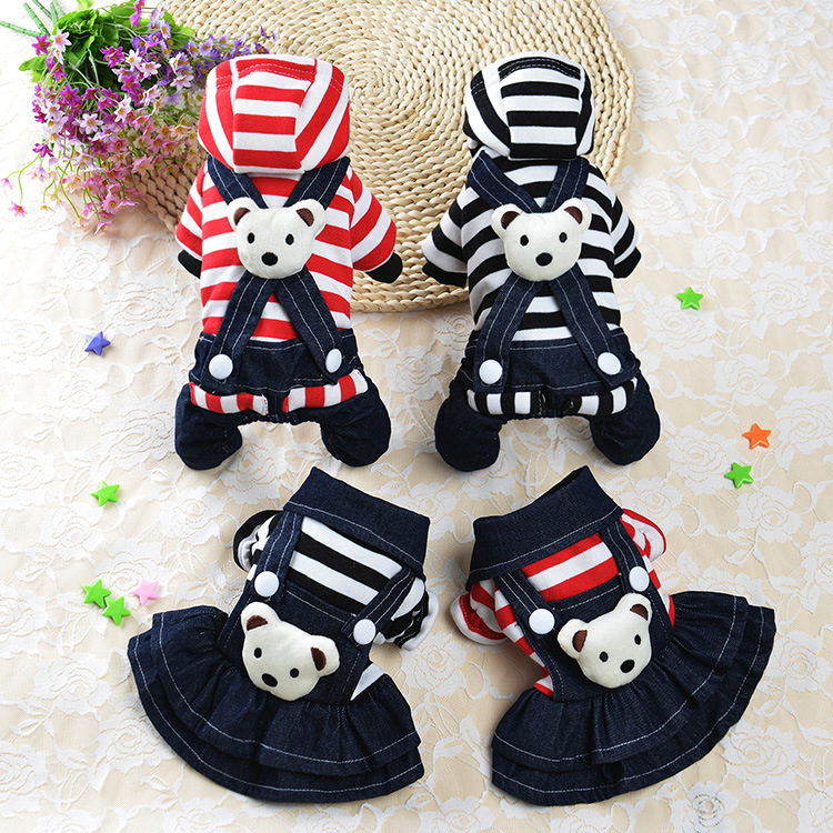 Pet Dog denim jumpsuit Pet Striped Rompers cute bear four-leg pants Dog Denim jeans Dress Cat Puppy Jacket Small dog clothes