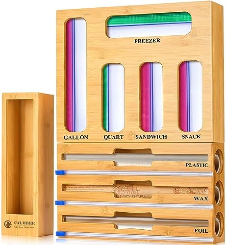 Calmbee Storage Bag Organizer, Foil and plastic Wrap Organizer with Cutter, Kitchen Organizers and Storage Compatible with Gallon, Quart, Sandwich, Snack Bags and 12" Aluminum Foil & Wax Paper