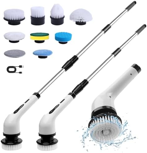 Upgraded Electric Spin Scrubber,Cordless Cleaning Brush,Shower Scrubber with 9 Replaceable Brush Heads, Power Scrubber 2 Adjustable Speeds Adjustable Long Handle for Bathtub Grout Tile Floor