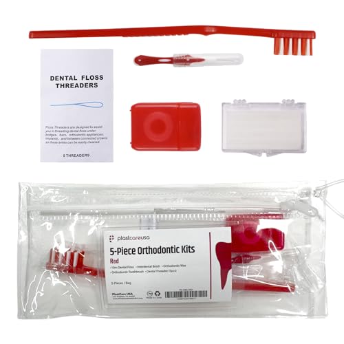 Red Orthodontic 5 Piece Braces Care Kit - Complete Dental Cleaning Set for Teeth with Travel Toothbrush, Wax, Floss, Brackets Cleaner - Essential Oral Care for Orthodontia & Braces Maintenance