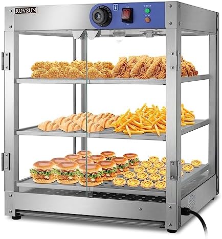 ROVSUN 3-Tier Food Warmer, 800W Commercial Food Warmer Display Electric Countertop Food Pizza Warmer with LED Lighting Removable Shelves Glass Door, Pastry Display Case for Buffet Restaurant 110V