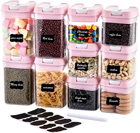 U-QE Airtight Food Storage Container Set-10 Piece BPA Free Clear Plastic Cereal Canisters with Easy Lock Lids-Kitchen & Pantry Organization Containers for Sugar, Flour, Cereal, Labels & Marker(Pink)