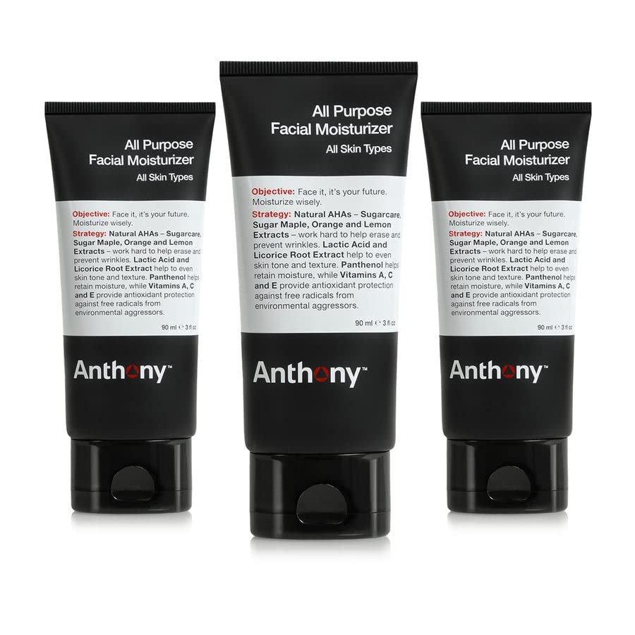 Anthony All-Purpose Facial Moisturizer – Men’s Hydrating Lotion for Dry Skin – Lightweight, Non-Comedogenic, Anti-Aging Formula – 3 Fl Oz - Pack Of 3