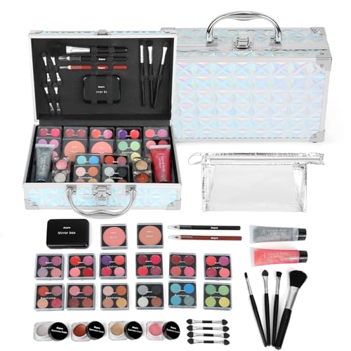 Anpro All-In-One Makeup Carry Case with Pro Teen Makeup Set, Full Starter Cosmetics Kit with Makeup Brushes, Lipsticks, Eye Shadows Palette, Blushes, Glitter Gel