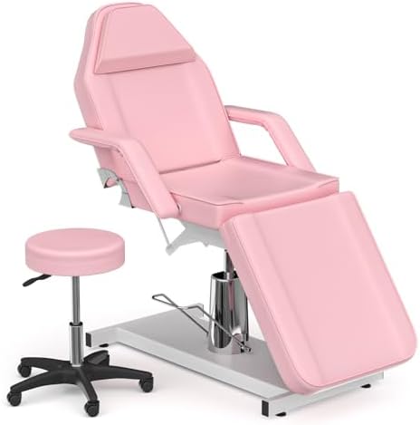 Hydraulic Spa Chairs for Esthetician Bed with Stool Tattoo Chair for Client Adjustable Professional Facial Bed for Beauty Salon Massage Equipment, Weight Capacity 500lbs, Pink